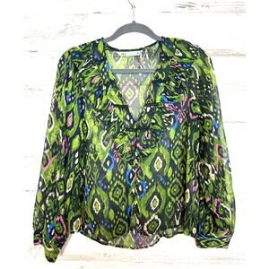 Zara Womens S Green Aztec Lightweight Sheer Long-Sleeve Boho Dress Blouse NEW